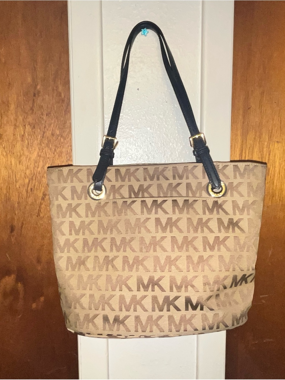 Michael Kors Beige Logo Canvas Tote with Black Handles